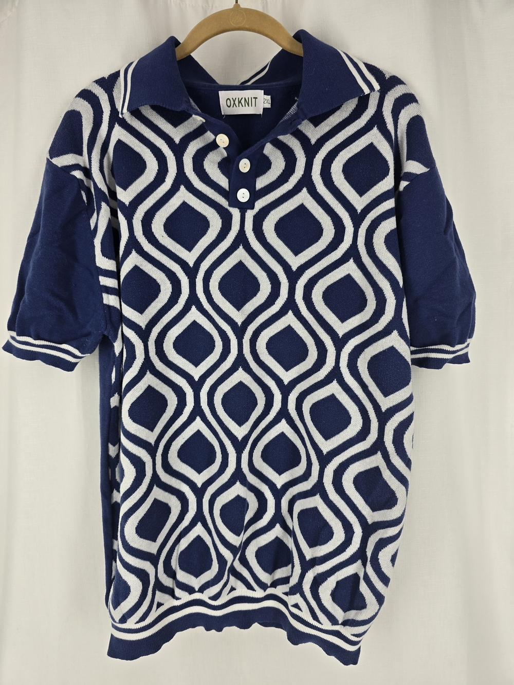 OXKNIT Navy & White Geo Polo Dress Shirt